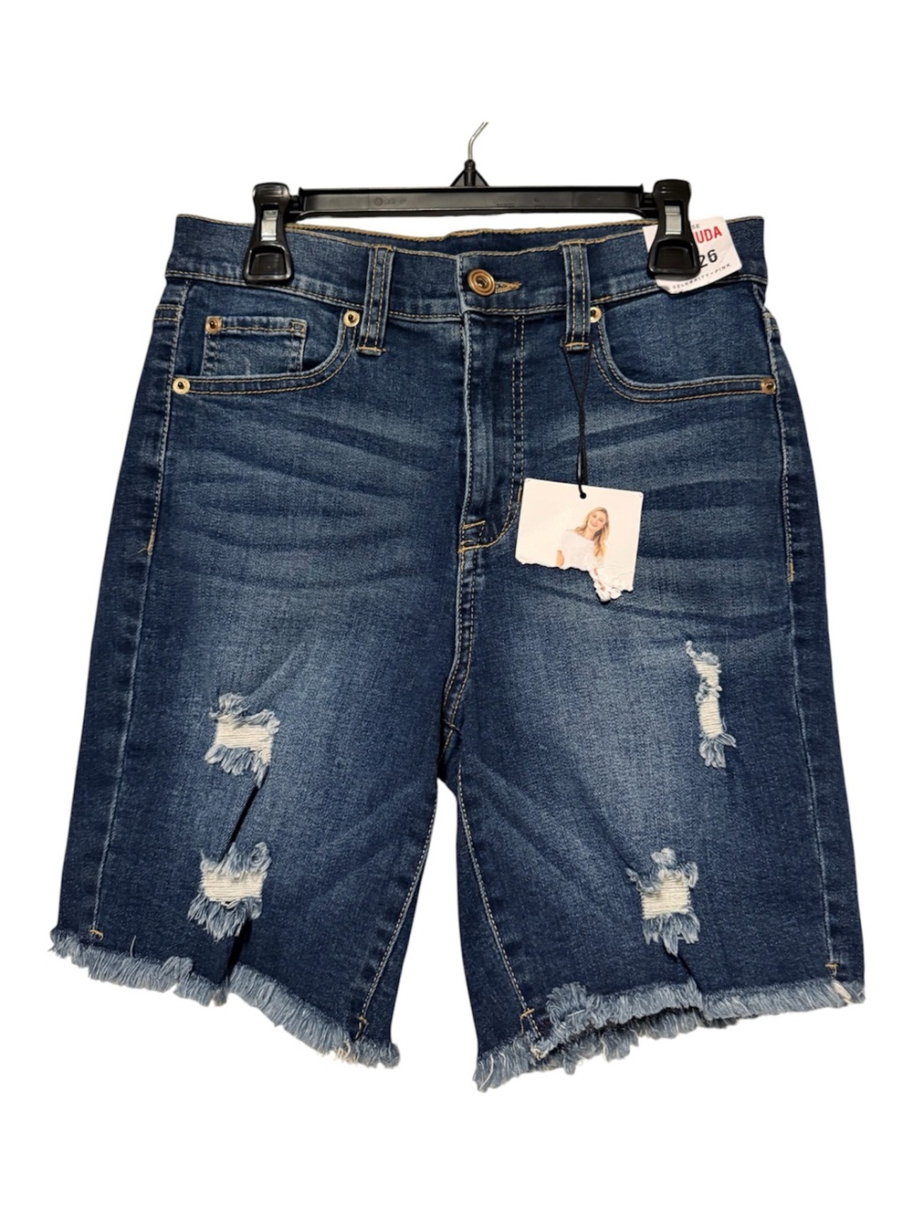 High-Rise Distressed Denim Bermuda Shorts - Dark Blue